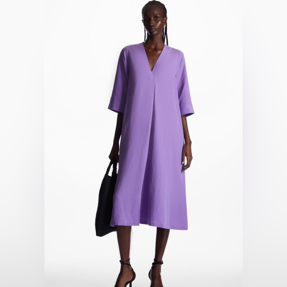 COS V-NECK LINEN-BLEND A-LINE DRESS IN PURPLE, SIZE 4